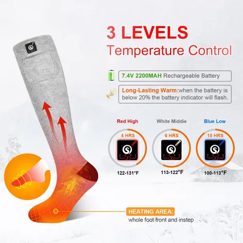 Miniatura 3 de Calcetines térmicos para hombres y mujeres, 7.4 V 2200 mAh, batería recargable eléctrica, calcetines de invierno cálidos, calcetines de calefacción