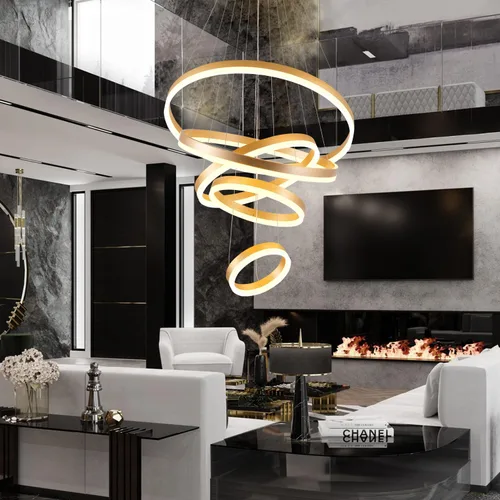 Candelabro moderno dorado de 5 anillos regulable LED, altura ajustable para colgar en el techo para comedor cocina