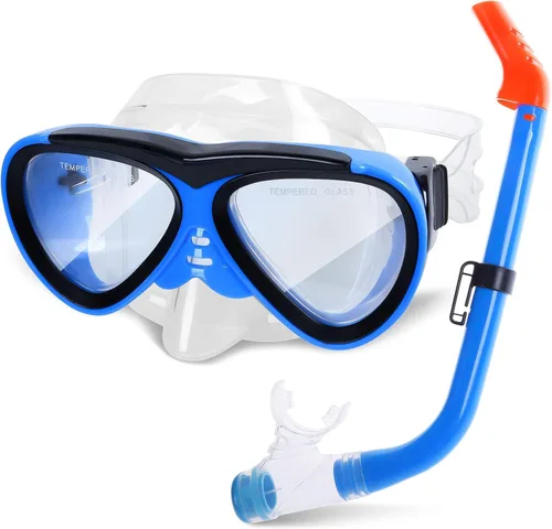 GreenLF Kids Snorkel Set, Anti-Fog Snorkeling Mask with Nose Covers for Youth Junior Child, Boys & Girls Age 5-12, Semi-Dry Diving Scuba Swimming