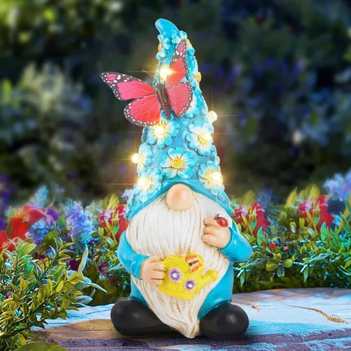 Estatuas de Gnomo de Jardín Foreby para Decoración al Aire Libre, Gnomos Solares con Mariposas en Flores LED Iluminadas, Escultura de Gnomos Azules