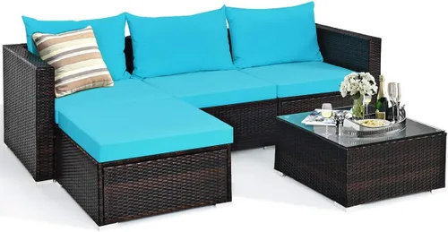 Miniatura 10 de Tangkula Juego de muebles de patio de 6 piezas, juego de conversación de mimbre para exteriores con mesa de café de cristal, juego de sofá de mimbre