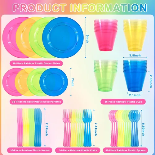 Miniatura 3 de Supernal Juego de vajilla de plástico de 216 piezas incluye platos desechables arcoíris para fiesta resistentes, vasos desechables coloridos, 216