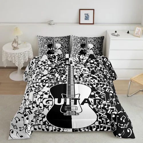 Miniatura 20 de Castle Fairy Juego de edredón de botas de vaquero, tamaño individual, juego de ropa de cama bohemio con guitarra musical para niños y niños