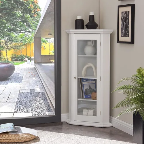 Miniatura 7 de Kings Brand Furniture - Armario de almacenamiento esquinero con puerta de cristal, vitrina de esquina con 4 estantes, gabinete de madera para sala
