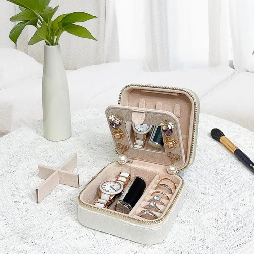 Miniatura 5 de Soddeph Joyero de terciopelo con espejo, mini estuche de joyería de viaje, estuche de viaje de joyería de felpa, pequeño organizador de joyas