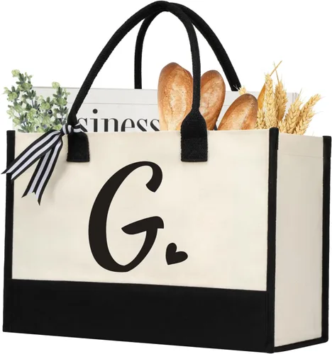 Miniatura 17 de shenee - Bolsa de lona con inicial, bolsa de yute personalizada para la playa, regalo de vacaciones para mujeres, cumpleaños de amigos, boda, año