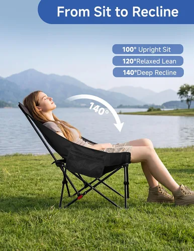 Miniatura 3 de Silla de campamento reclinable, silla plegable ajustable con respaldo de 100° a 140°, marco en X resistente que soporta 265 libras, respaldo