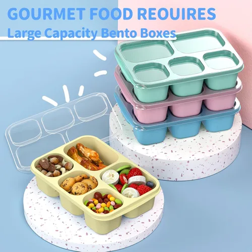 Miniatura 3 de Bento Box - Lonchera para Adultos, Paquete de 4, Contenedor de Preparación de Comidas de 5 Compartimentos para Niños, Contenedores Reutilizables PP