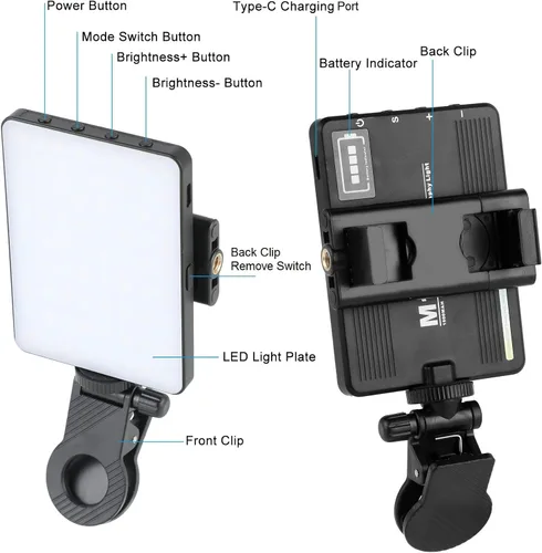 Miniatura 2 de Luz de teléfono para selfie con clips delanteros y traseros, luz de video LED, lámpara de iluminación para fotografía con 3 modos de luz