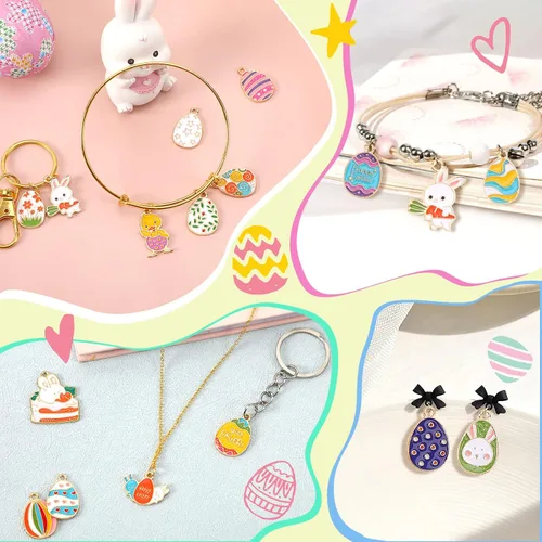 Miniatura 5 de SANNIX 110 dijes de Pascua, dijes de Pascua para hacer joyas, surtido de huevo, pollo, conejo, conejo a granel, esmalte dorado, colgantes