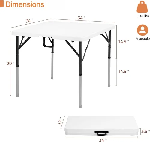 Miniatura 9 de Mesa plegable cuadrada de 34 pulgadas plegable por la mitad, mesa portátil de comedor de alta densidad resistente con asa de transporte, mesas