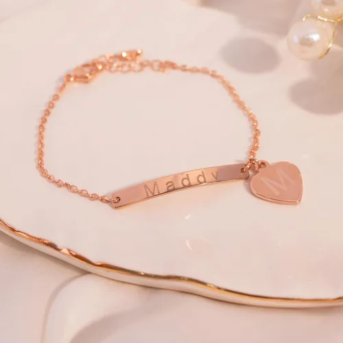 Miniatura 5 de Tobillera personalizada con corazón, plata de 16 quilates, chapada en oro rosa, con delicada barra de nombre, un regalo considerado