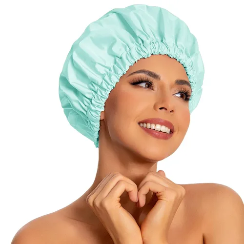 Miniatura 38 de Gorro de ducha reutilizable para mujer, grande, impermeable, lavable, banda elástica, accesorios de baño, sombrero para cabello largo, trenzas Beige