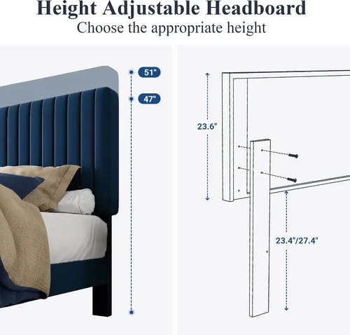 Miniatura 6 de Allewie - Base de cama tamaño King con cabecera acolchada tapizada en terciopelo y diseño acanalado vertical ajustable; plataforma de cama con base