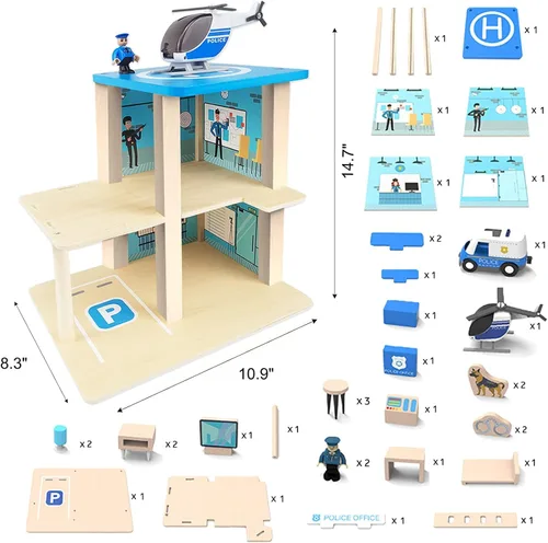 Miniatura 7 de Juego de juguete de estación de policía de madera, set de casa de muñecas de juego de simulación multicolor de 3 niveles con figuras, coche
