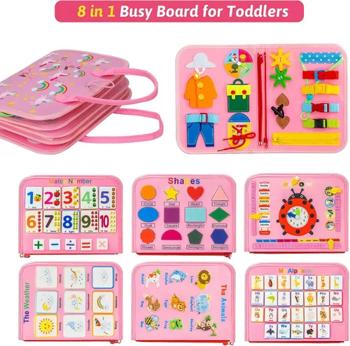 Miniatura 3 de AIXMEET Tabla Ocupada para Niños Pequeños, Juguetes Montessori, Tabla Sensorial, Libro Ocupado, Juguetes para Niños Pequeños de 3456 Años, Rosa