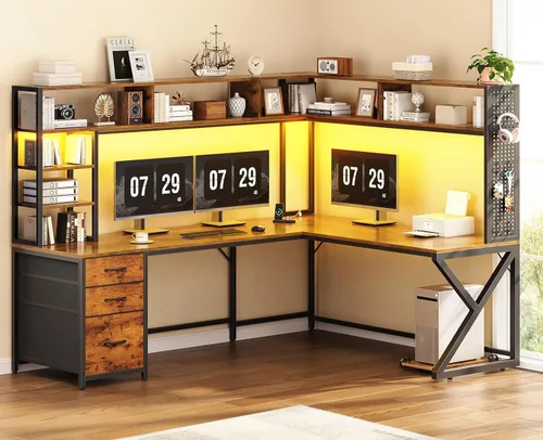 SEDETA Escritorio en Forma de L con Estante Superior y 3 Cajones, Escritorio Convertible para Computadora de 94.5" con Cajón de Archivos, Escritorio