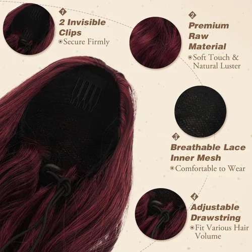 Miniatura 3 de BARSDAR Extensión de cola de caballo rojo burdeos, extensiones de cabello ondulado con cordón de 16 pulgadas para mujer, extensiones de cabello