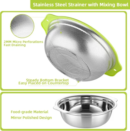 Miniatura 5 de Colador de Acero Inoxidable Microporoso, Lavador de Arroz de Gran Capacidad de 5QT con Tazón Mezclador, Juego de Tazón Colador de Arroz de 12.5