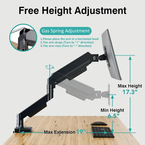 Miniatura 6 de Single Monitor Arm, Monitor Mount for 17-32 inch Screens Gas Spring Adjustable Monitor Stand, Vesa Mount with Clamp and Grommet Aluminum Base - Fits