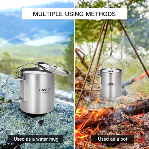 Miniatura 7 de LIXADA Taza para acampar, taza de agua de acero inoxidable de 25.4 fl oz con asas plegables y tapa para acampar al aire libre, senderismo, mochilero