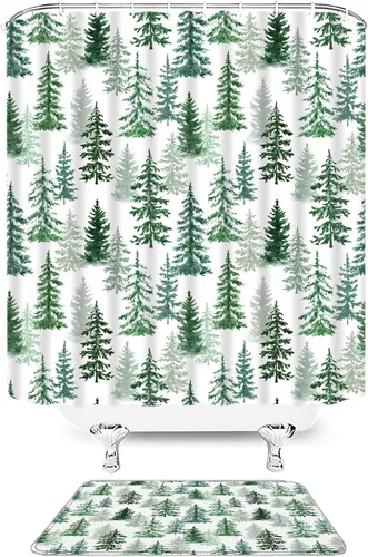 Miniatura 41 de Juego de 4 cortinas de ducha de muñeco de nieve con alfombra, diseño de árbol de pinos de invierno, lindo muñeco de nieve azul, juego de baño