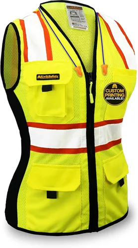 KwikSafety - Charlotte, NC - Chaleco de seguridad para mujer, tiras reflectantes de alta visibilidad, cumple con ANSI y OSHA Amarillo