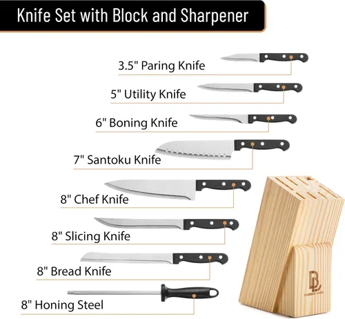 Miniatura 2 de Juego de cuchillos de cocina, 9 piezas, juego de cuchillos de acero inoxidable con bloque y afilador, cuchillos de cocina con bloque de madera