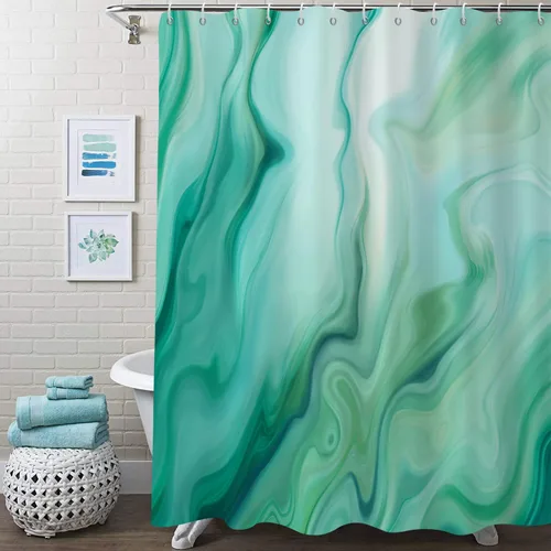 Miniatura 2 de Cortina de ducha con diseño de mármol verde, verde azulado y blanco degradado, moderna, abstracta, de lujo, ondas, decoración del hogar, tela Nuevo