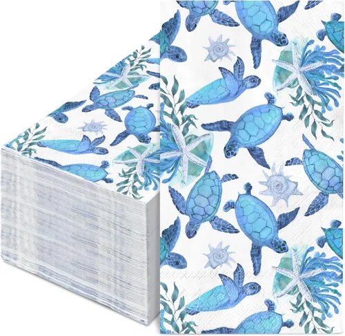 100 servilletas de papel desechables con diseño de tortuga y océano, color azul océano, animales marinos, cenas, toallas de mano para verano, playa,