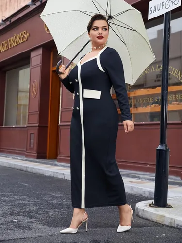 Miniatura 3 de WDIRARA Vestido largo ajustado de manga larga con bloques de color y dobladillo dividido para mujer