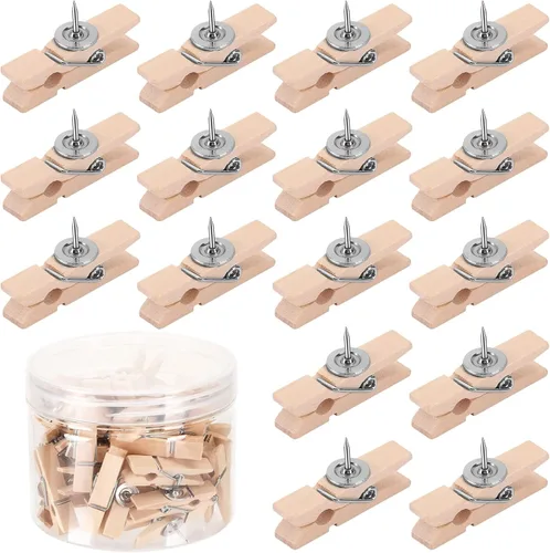 Miniatura 8 de SANNIX 100 clips de madera con tachuelas para el pulgar para tablón de anuncios, decoraciones de tablero de corcho y escuela, oficina, manualidades