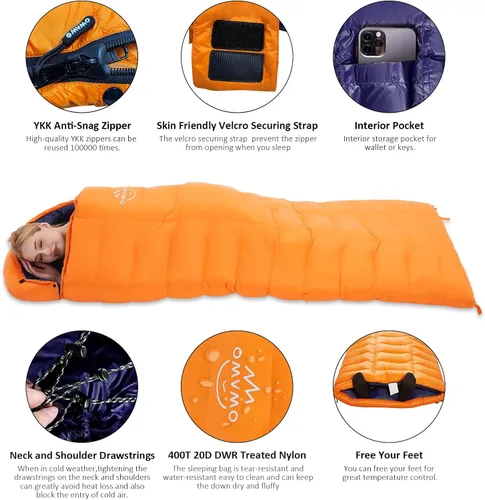 Miniatura 3 de 0 20 Degrees F Down Sleeping Bag for Adults,4 Season Rectangle Down Sleeping Bag for Camping Hiking Naranja/Cremallera Derecha