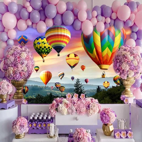Miniatura 5 de Telón de fondo de globo aerostático, vinilo de 10 x 7 pies, colorido cielo arco iris, montañas románticas, fondo de fotografía, decoración de fiesta