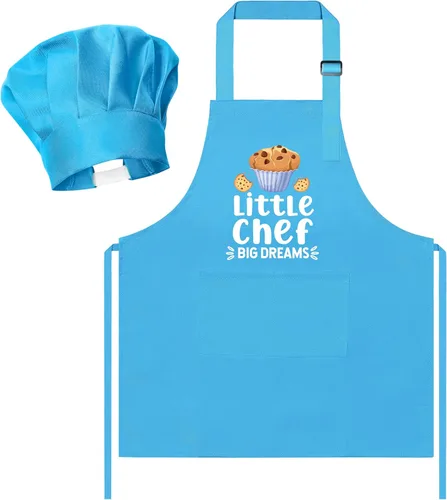 Miniatura 41 de R HORSE Juego de delantal y sombrero de chef para niños, 2 piezas, mini parrilla ajustable, delantal de cocina para niños, juego de rol, juguete
