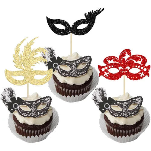 Miniatura 13 de Gyufise 24 máscaras de mascarada para cupcakes con purpurina para despedida de soltera, para cupcakes, comida y frutas, baile de máscaras, Mardi