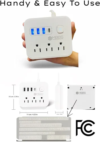 Miniatura 9 de Regleta protectora contra sobretensiones con USB C, protección 1200J, cable de extensión resistente, (7 en 1), 3 salidas de CA, 4 puertos USB, Blanco