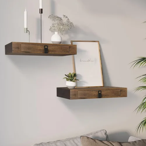 Miniatura 11 de Juego de 2 estantes flotantes con cajón, mesita de noche para dormitorio, baño o cocina, estante de pared de 16 pies con almacenamiento, color gris