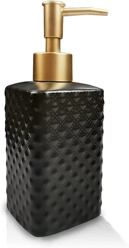 Dispensador de jabón dorado, botella de bomba de loción de cerámica con relieve refinado y vintage, decoración del hogar para baño o cocina (negro)