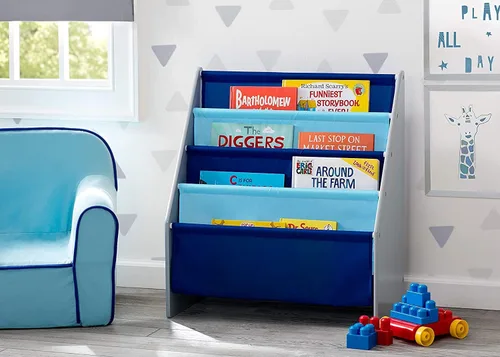 Miniatura 2 de Estantería para libros y juguetes Delta Children, en color gris/azul y organizador de juguetes Spider Man con contenedores de madera de ingeniería