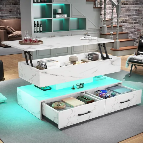 Miniatura 3 de SEDETA Mesa de centro elevable de 40 pulgadas, mesas de centro con almacenamiento para sala de estar, mesa de centro pequeña con 2 cajones y luz LED