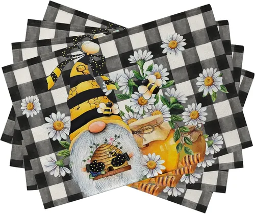 Seliem Spring Bee - Juego de 4 manteles individuales de gnomo y margarita, color negro miel y blanco a cuadros, manteles individuales para mesa de