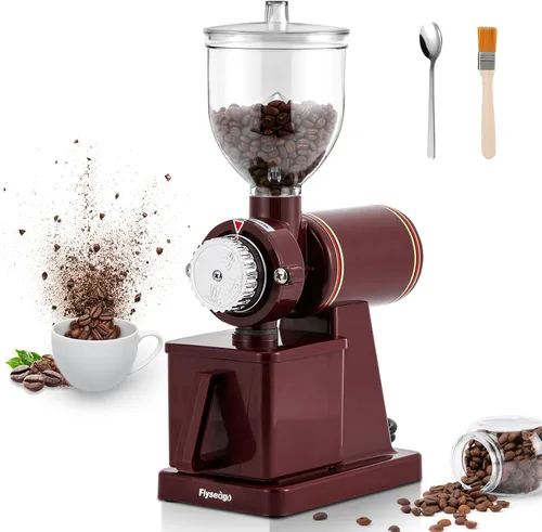 Molinillo de café Burr – Molinillo eléctrico de espresso para uso doméstico y comercial, silencioso y ajustable, con tolva, cepillo, cuchara, rojo