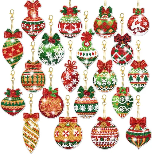 Tondiamo 20 Piezas Kits de Llaveros de Pintura de Diamantes de Navidad 5D DIY Colgantes de Arte de Diamantes de Doble Cara Llaveros Colgantes para