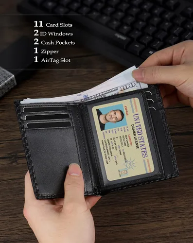 Miniatura 24 de Swallowmall AirTag Billetera para hombre con bloqueo RFID, de piel auténtica, plegable, para AirTag con 1 ventana de identificación, 13 tarjeteros