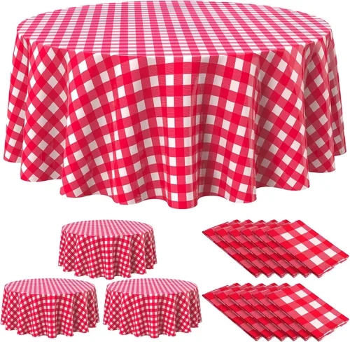 Miniatura 22 de Remagr Mantel Desechable de Cuadros Redondo de Plástico Buffalo Plaid Mantel de Mesa de 84'' Cubierta de Mesa Gingham para Picnic Camping BBQ Fiesta