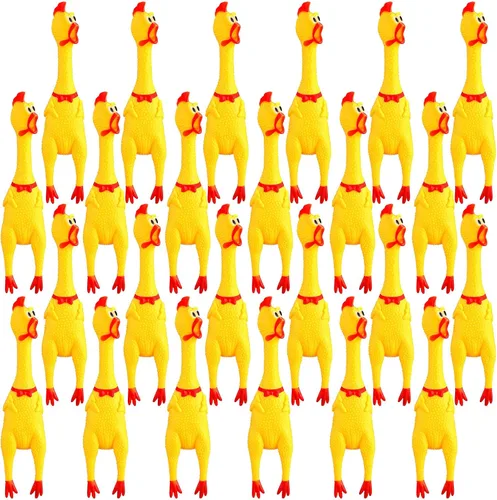 Miniatura 8 de Sratte Paquete de 16 juguetes de pollo chirriantes a granel, juguetes grandes de goma de pollo chirriante para mascotas, regalos para masticar