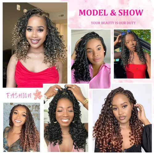 Miniatura 6 de Wodun Extensiones de cabello de ganchillo Goddess de 14 pulgadas, trenzas de caja con extremos rizados 3X estilo bohemio, extensiones de cabello