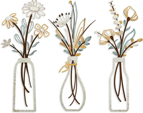 Pigort 3 piezas de arte de pared de flores de metal, decoración rústica de granja, decoración minimalista para sala de estar, baño, dormitorio,