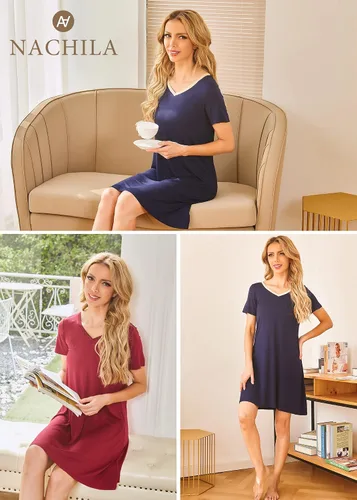 Miniatura 6 de NACHILA Camisones de viscosa para mujer, hechos de bambú, suaves camisas de dormir de manga corta, ropa de dormir suelta